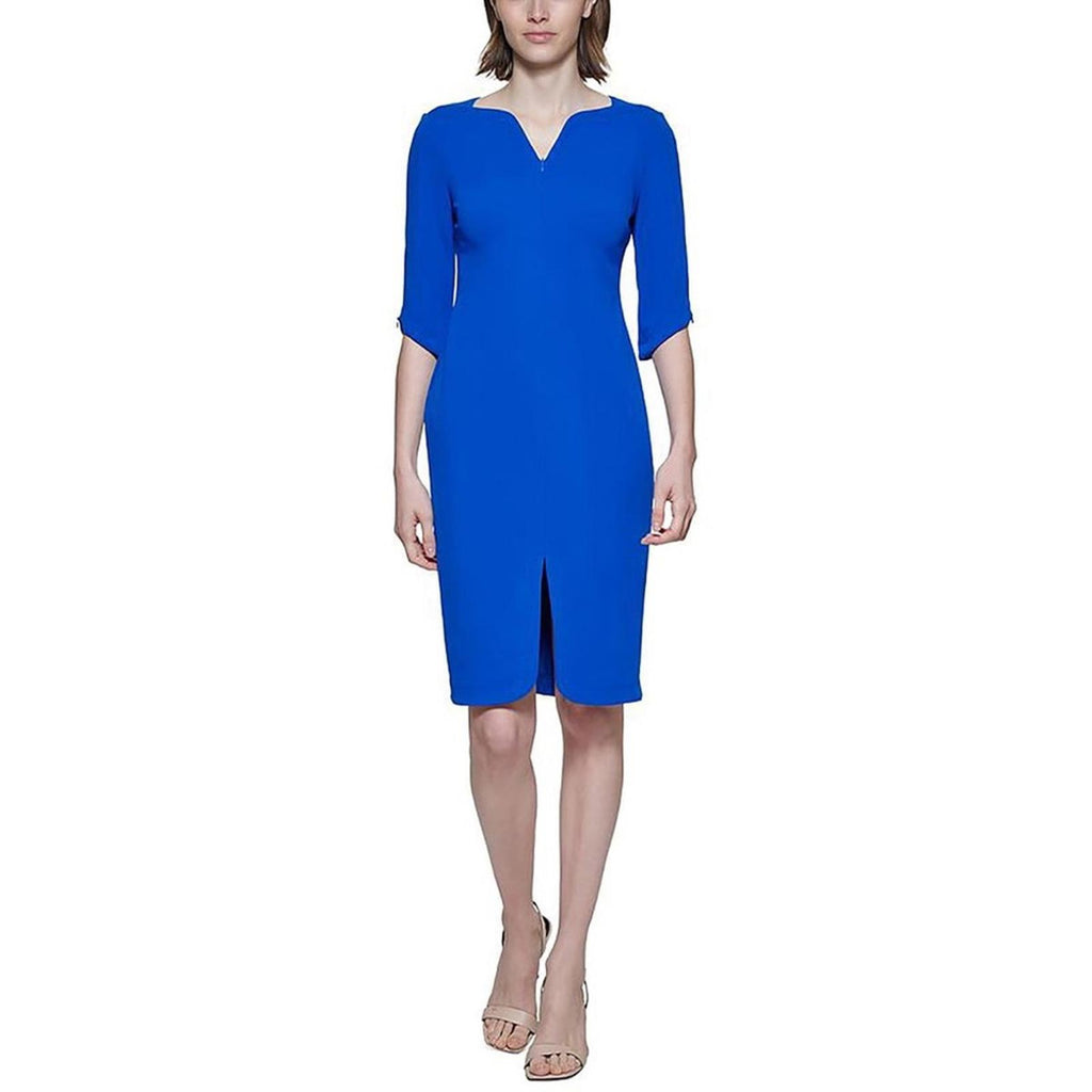 Calvin Klein WHITE Zippered 3/4 Sleeve V-Neck Midi Sheath Dress, Size 4 NWT $134
