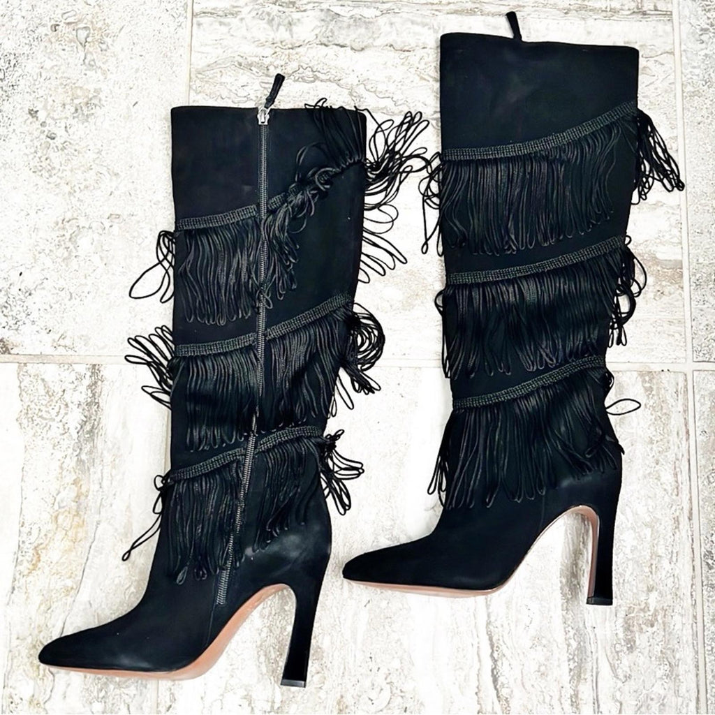 BCBGMaxazria Suede Fringe Heeled Boots, Black Size 7.5 New w/o Box Retail $499