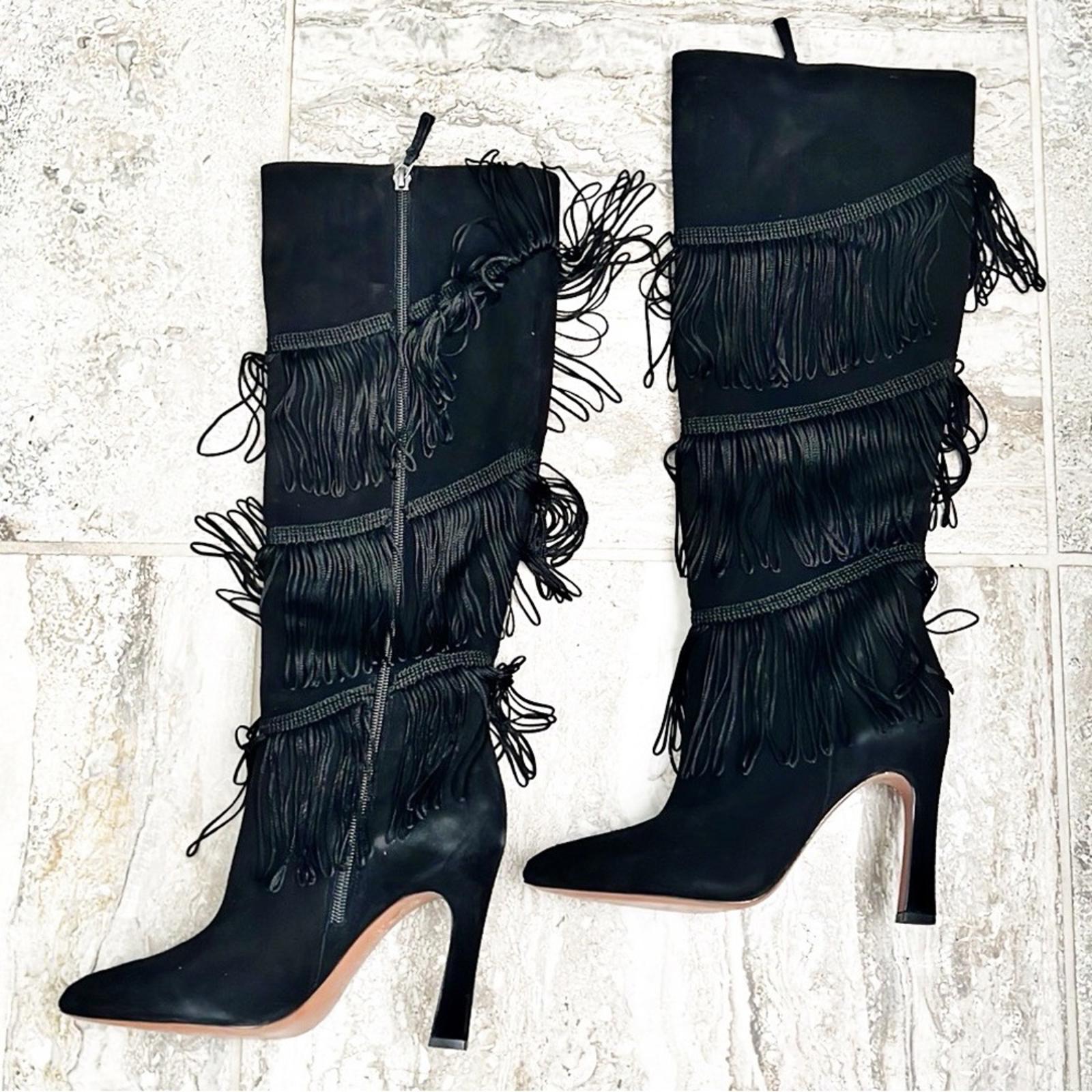 BCBGMaxazria Suede Fringe Heeled Boots, Black Size 7.5 New w/o Box Retail $499