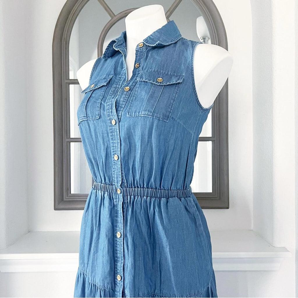 Michael Kors Chambray Tiered Ankle Dress in Light Cadet Wash, Size XS NWT $195