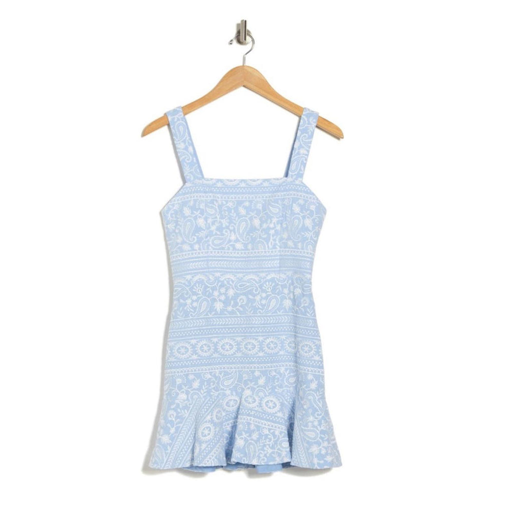 Alice & Olivia Kaidra Embroidered Mini Dress, Chambray/White Size 14 NEW w/Tag