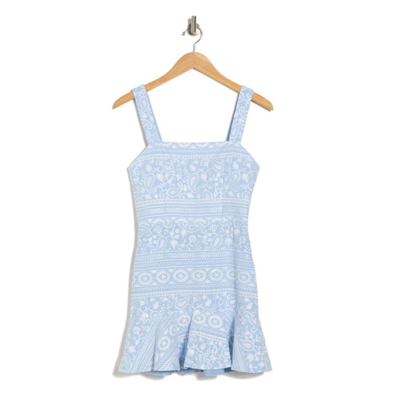 Alice & Olivia Kaidra Embroidered Mini Dress, Chambray/White Size 14 NEW w/Tag