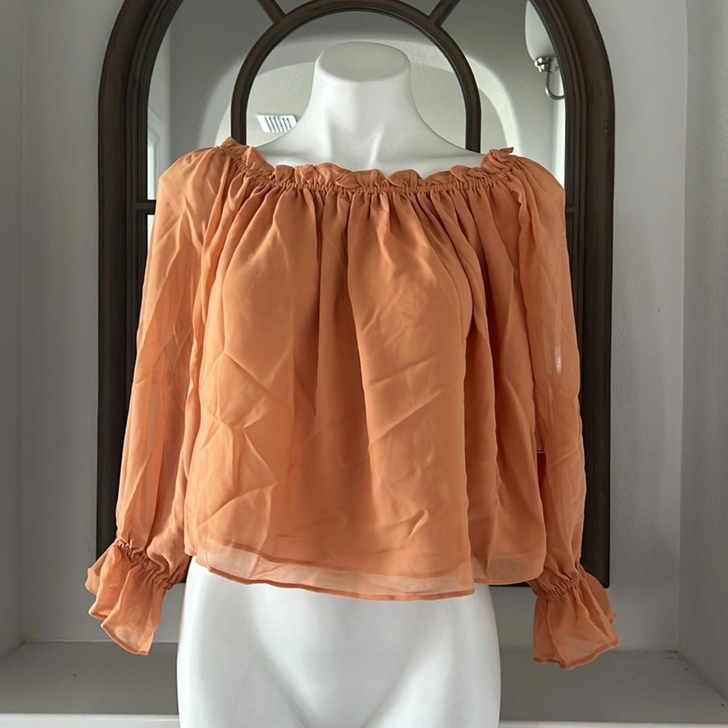 1.State xRevolve Off-The-Shoulder Peplum Blouse in Toasted Nut, New, Size S