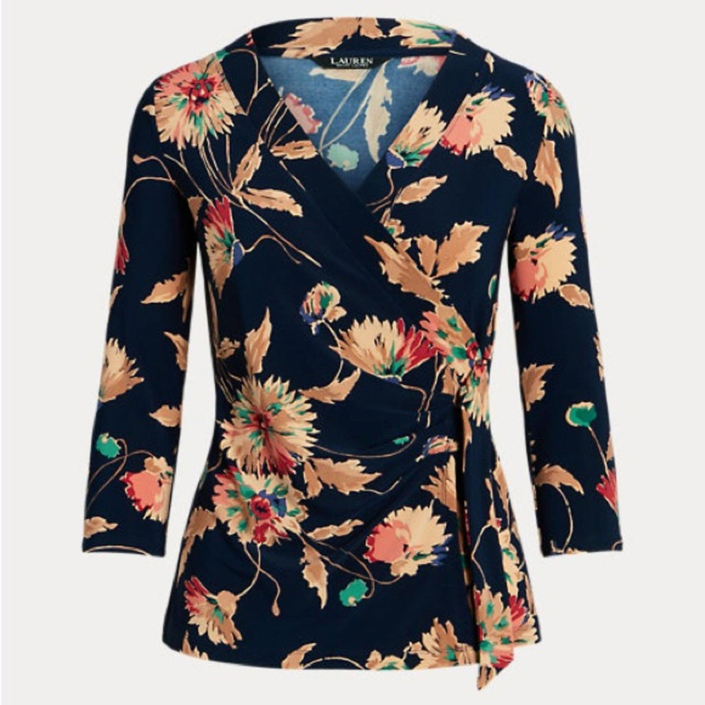 Lauren Ralph Lauren Floral Stretch Jersey Top in Navy Tan Multi Size 1X NWT