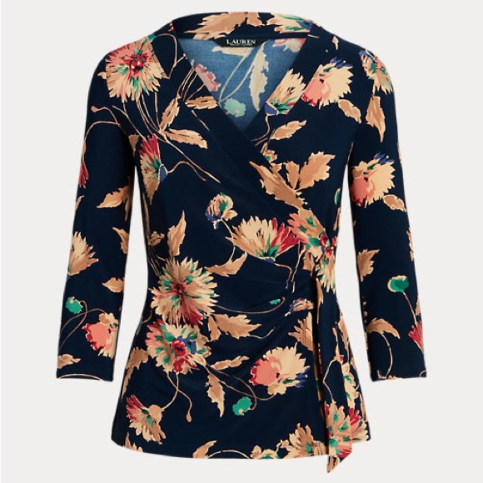 Lauren Ralph Lauren Floral Stretch Jersey Top in Navy Tan Multi Size 1X NWT