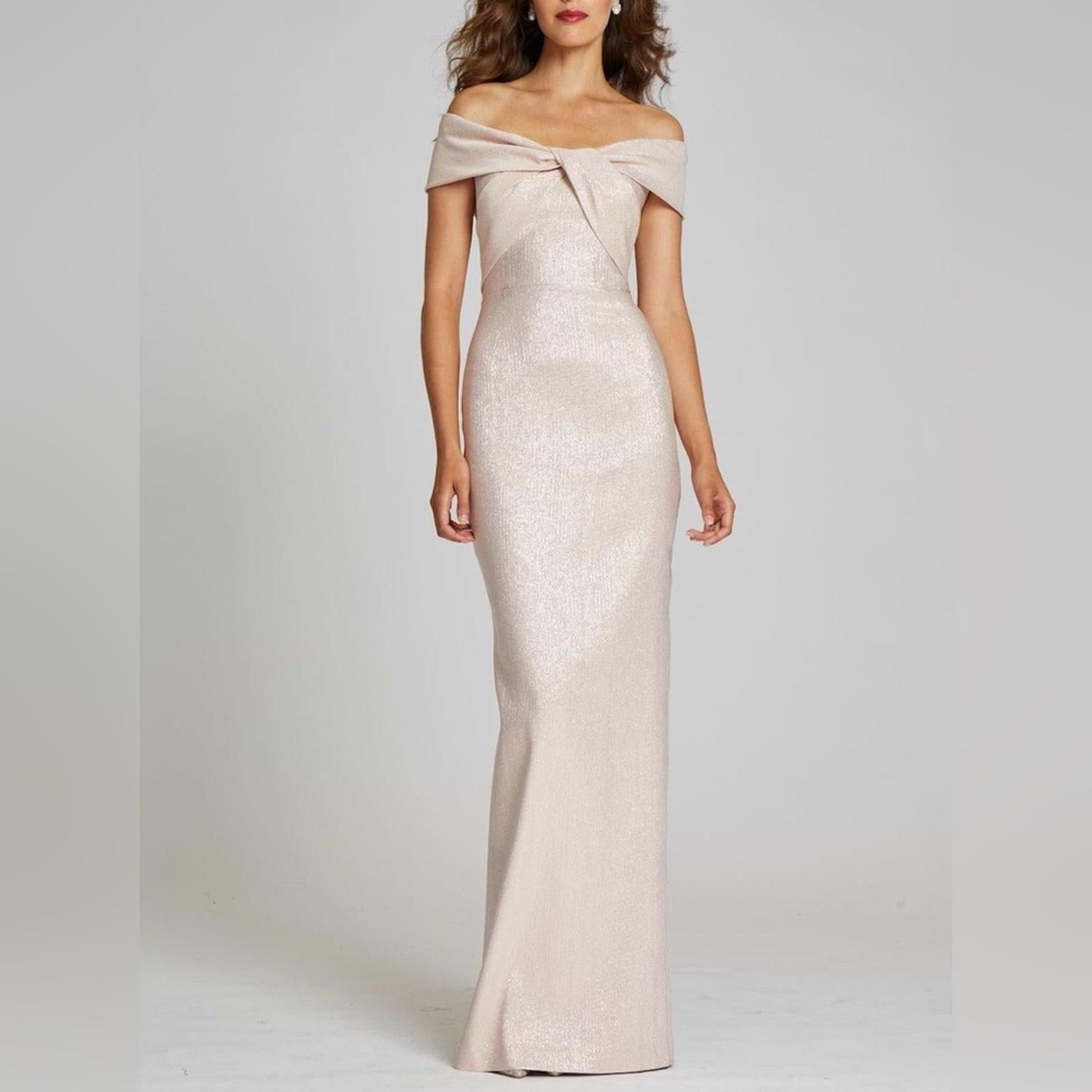 Teri Jon Metallic Jacquard Off-the-Shoulder Champagne Gown Size 4 NEW w/Tag