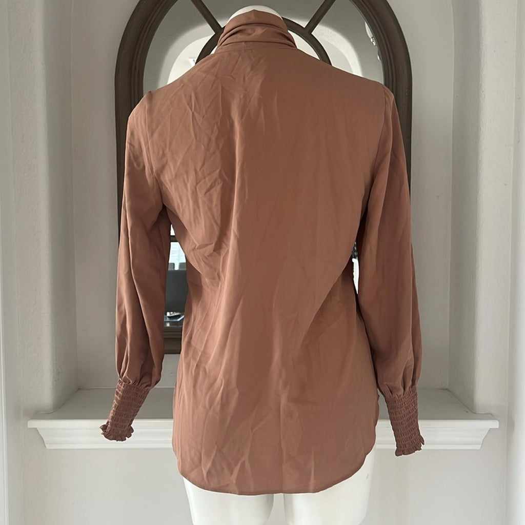 Anne Klein Blouson-Sleeve Tie-Neck Top in Brown, Size S New w/Tag, Retail $99