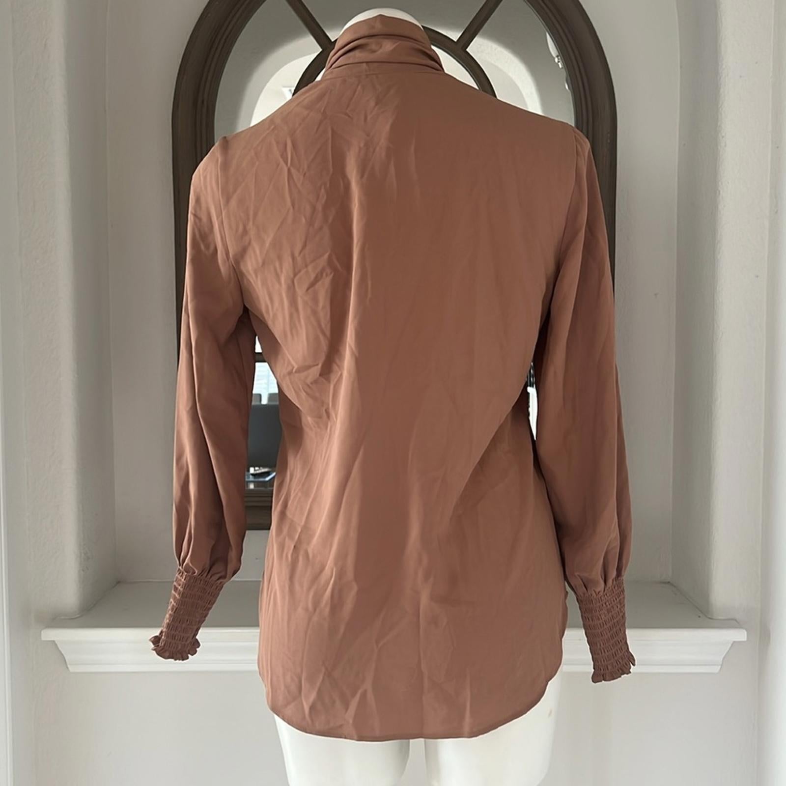 Anne Klein Blouson-Sleeve Tie-Neck Top in Brown, Size S New w/Tag, Retail $99