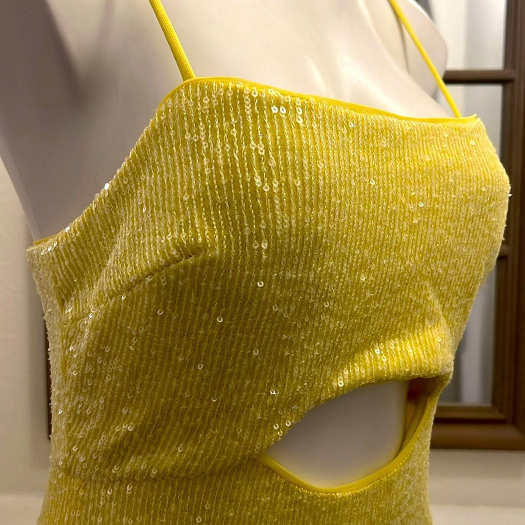 Bloomingdale’s Aqua Cutout Waist Sequin Column Gown in Yellow, Size 8 NEW $308