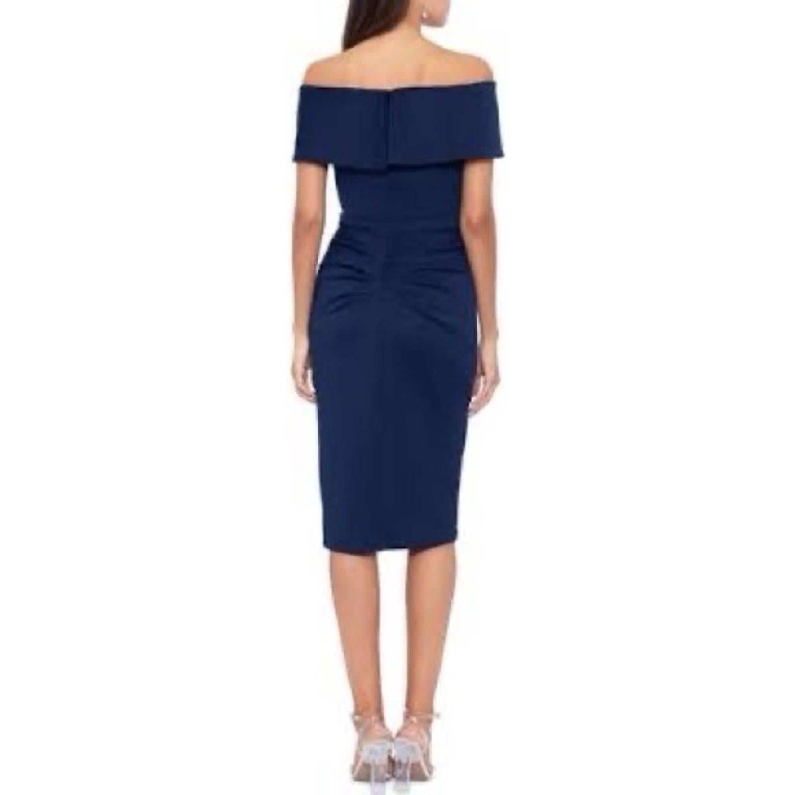 New XSCAPE Bow Off-the-Shoulder Scuba Knit Cocktail Dress, Navy Size 10 w/o Tag
