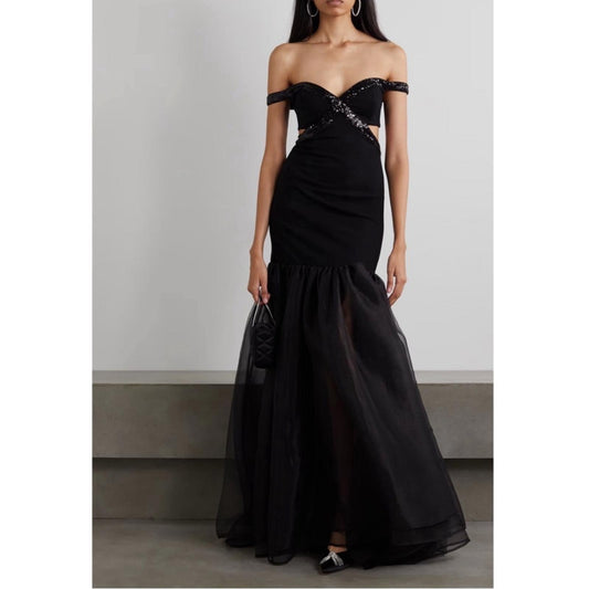 NEW Staud Emmaline Off-the-Shoulder Cut-Out Dress in Black, Size Small NEW w/Tag