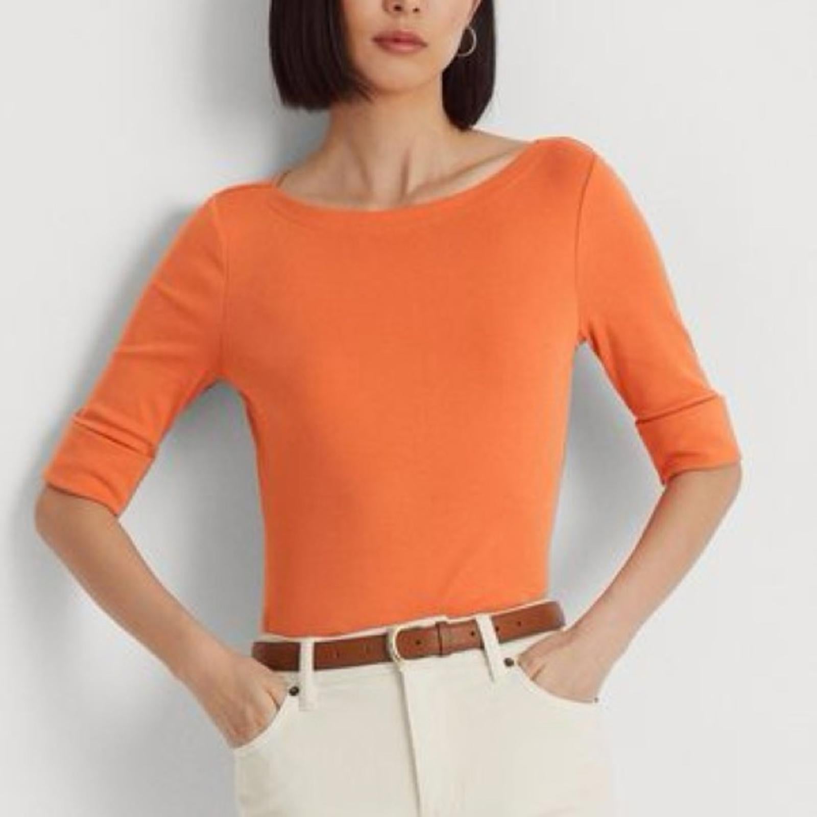 Ralph Lauren Plus Size Boatneck Elbow-Sleeve Top, Boatneck Orange Size 2X NEW