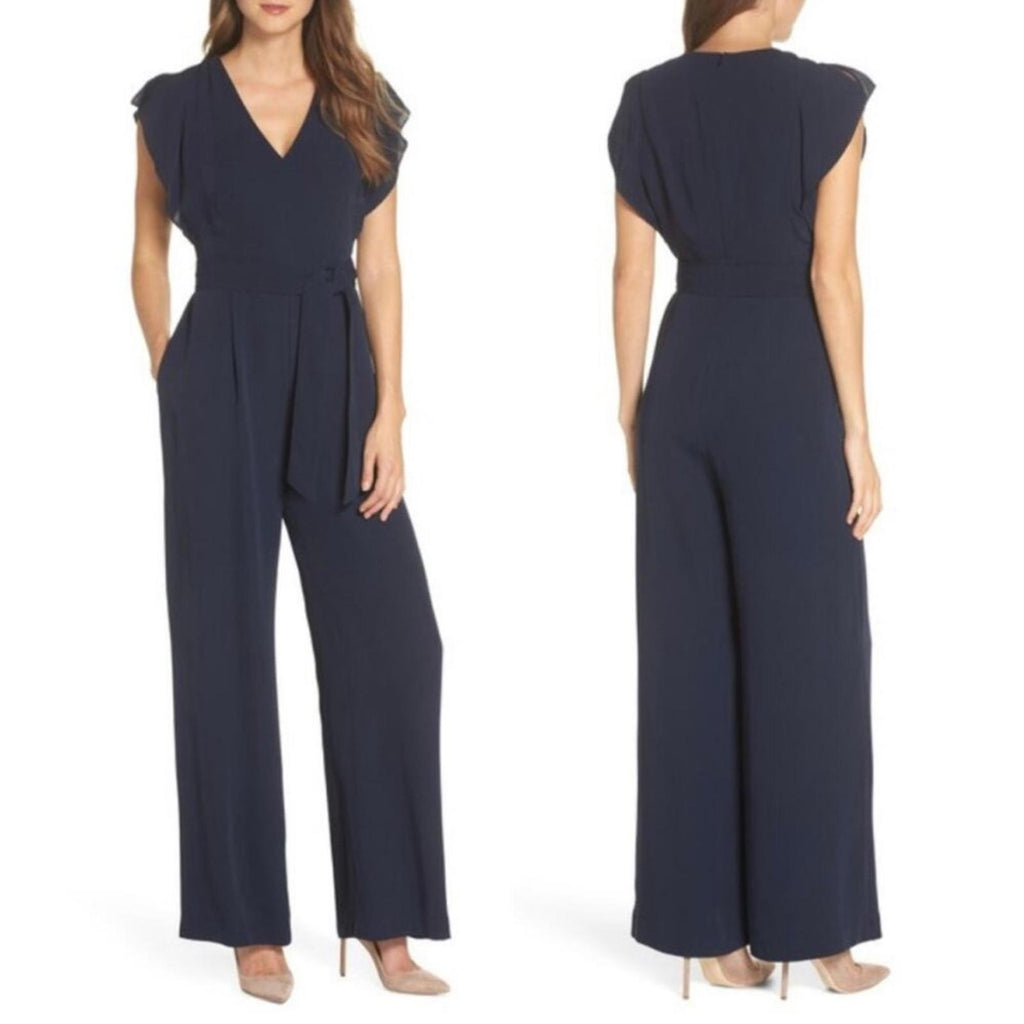 NEW Eliza J Flutter Sleeve Crepe Wide Leg Jumpsuit in Navy, Size 16 NEW w/o Tag