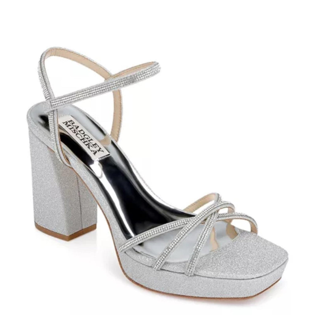 Badgley Mischka Frida Ankle Strap High Heel Sandals in Silver Size 7.5 New $245