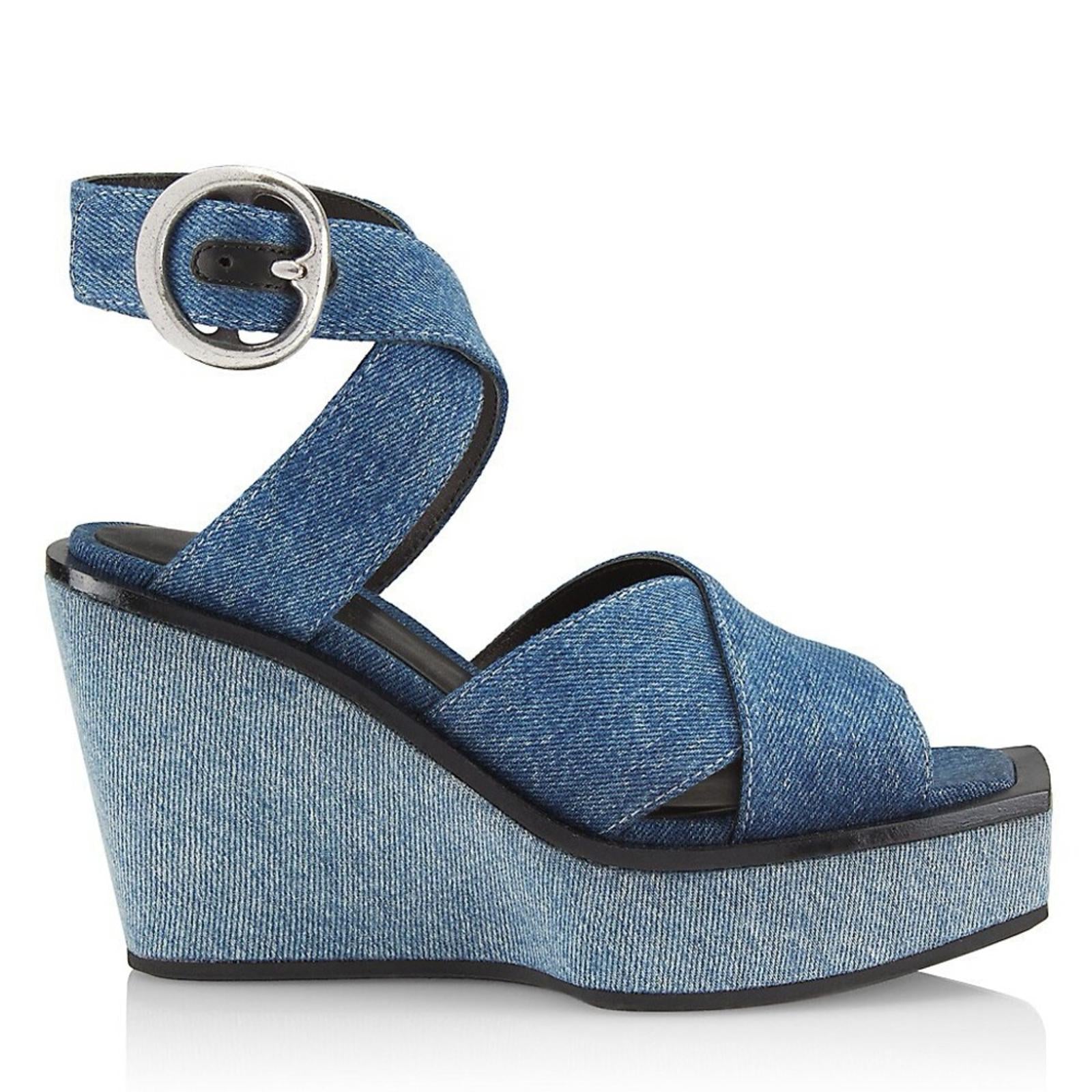Rag & Bone Santiago Ankle Strap Platform Wedge Sandals Denim, Size 8.5/38.5 NWT