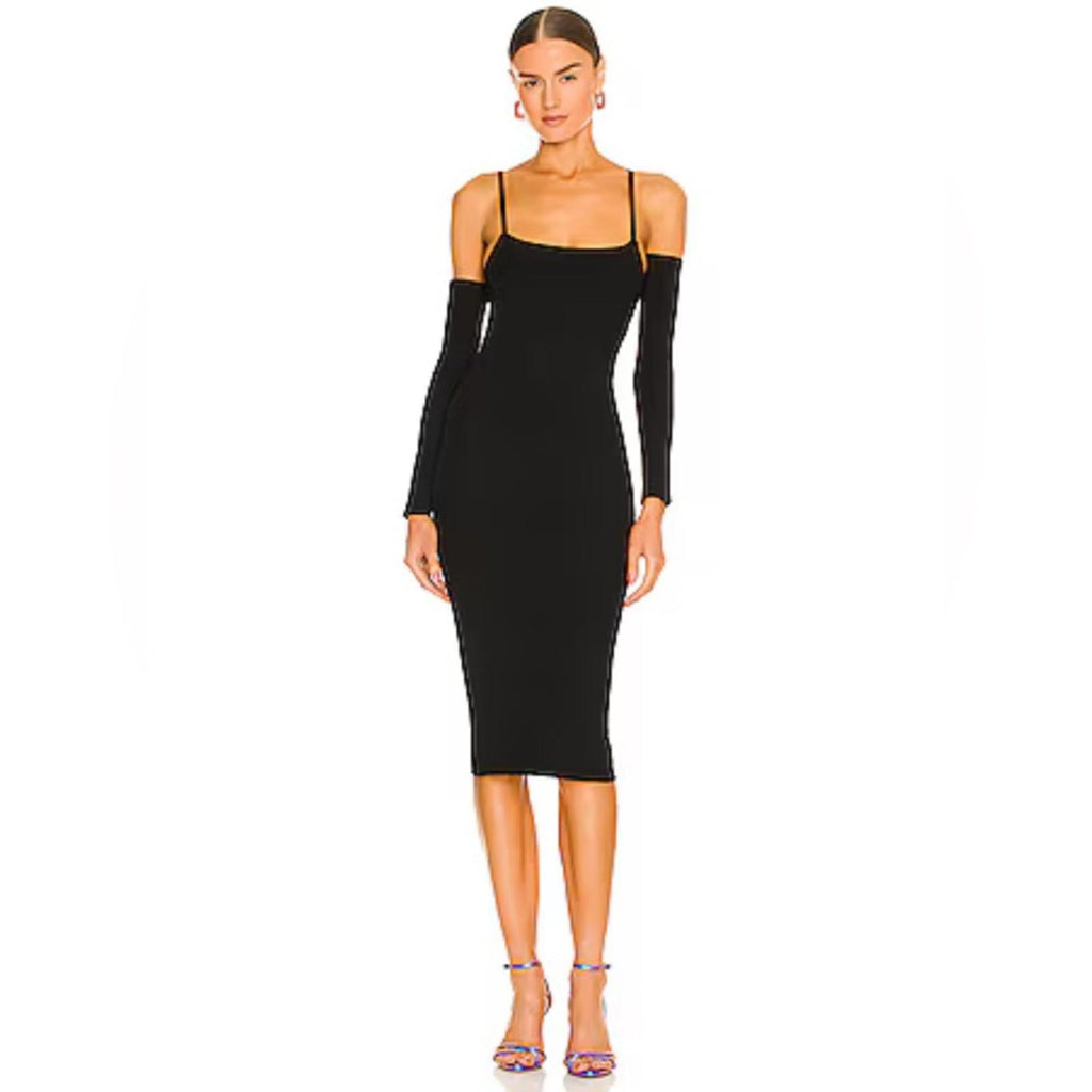 Alice+Olivia Evia Fitted Spaghetti Strap Dress in Black, Size L NWT Retail $465