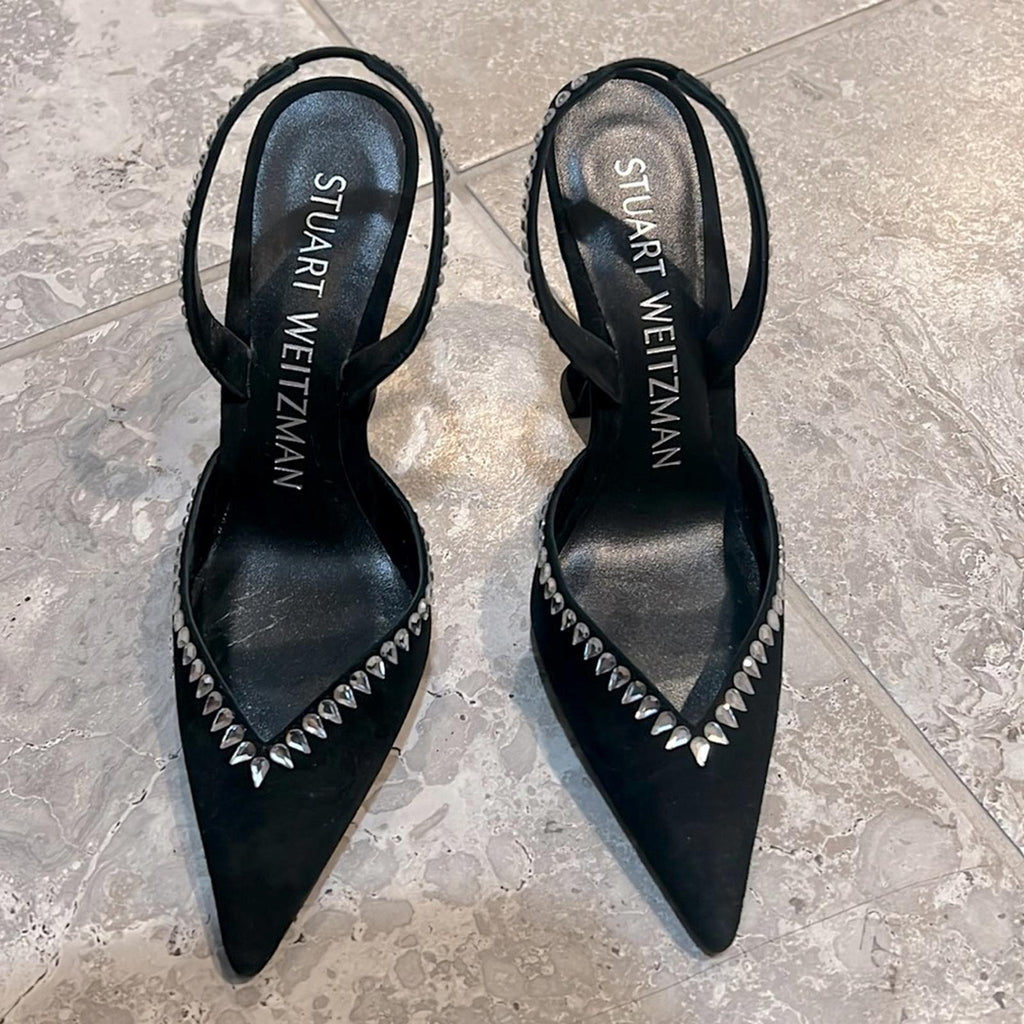 Stuart Weitzman Gemcut Xcurve Slingback Pumps in Black Suede, Size 6 NEW $650