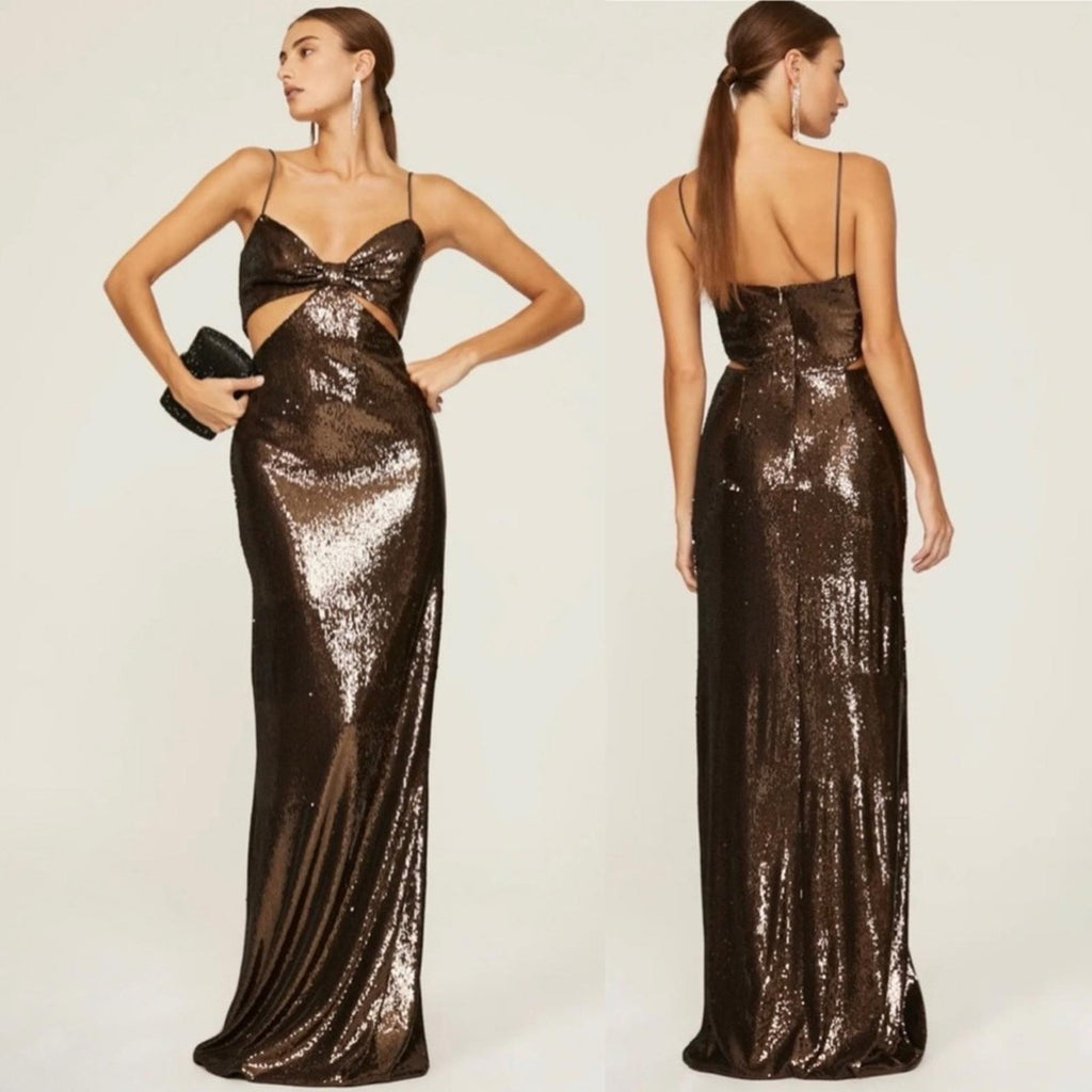 Halston Chloe Cutout Sequined Tulle Gown, Brown Size 4 New w/Tag Retail $595