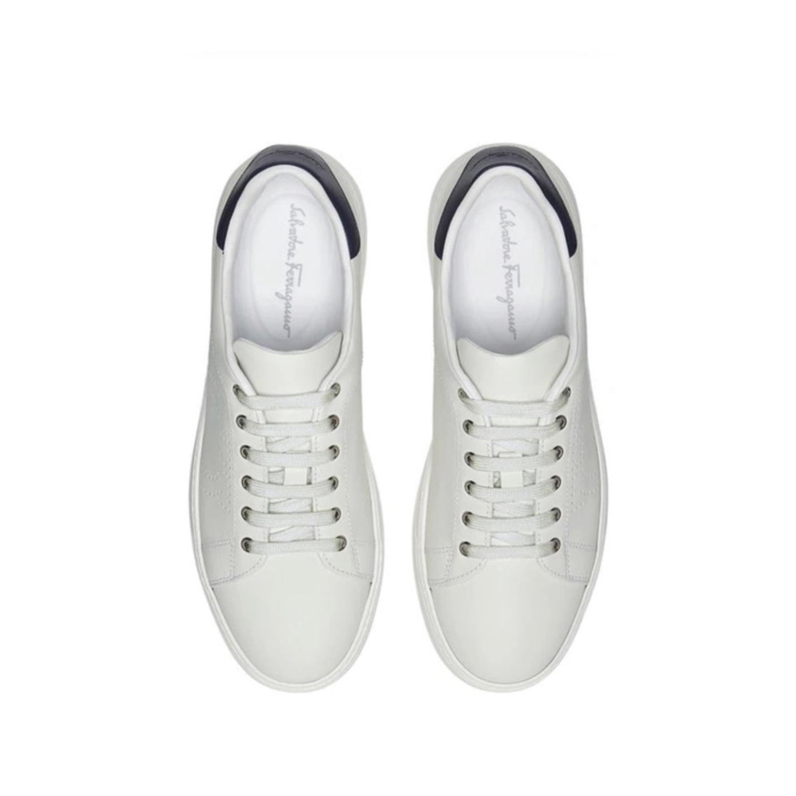 Ferragamo Pierre Low Top Sneakers in White Calf Leather, Size 41 New in Box
