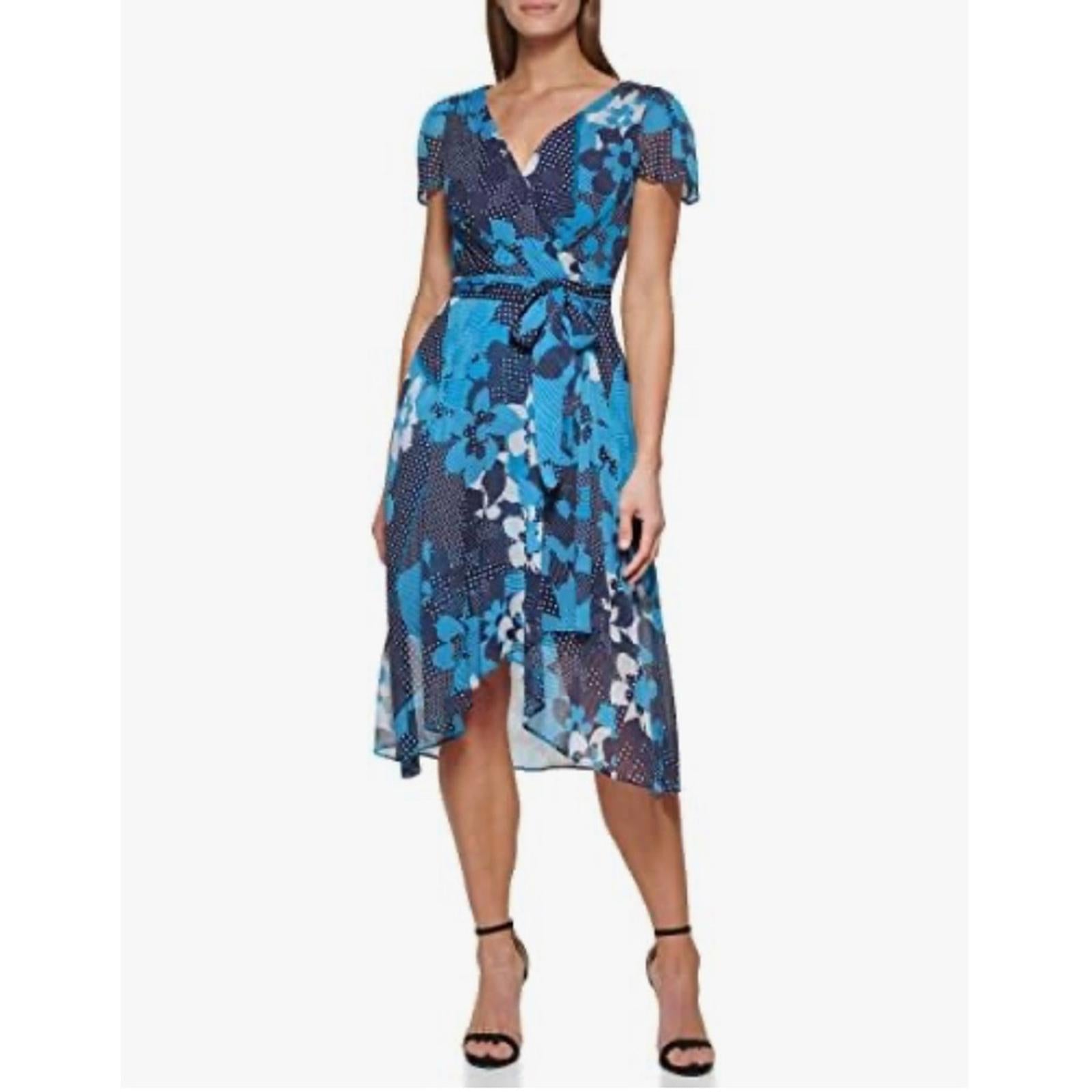 DKNY Faux Wrap Midi Dress in Blue Multi, NWT, Size 14