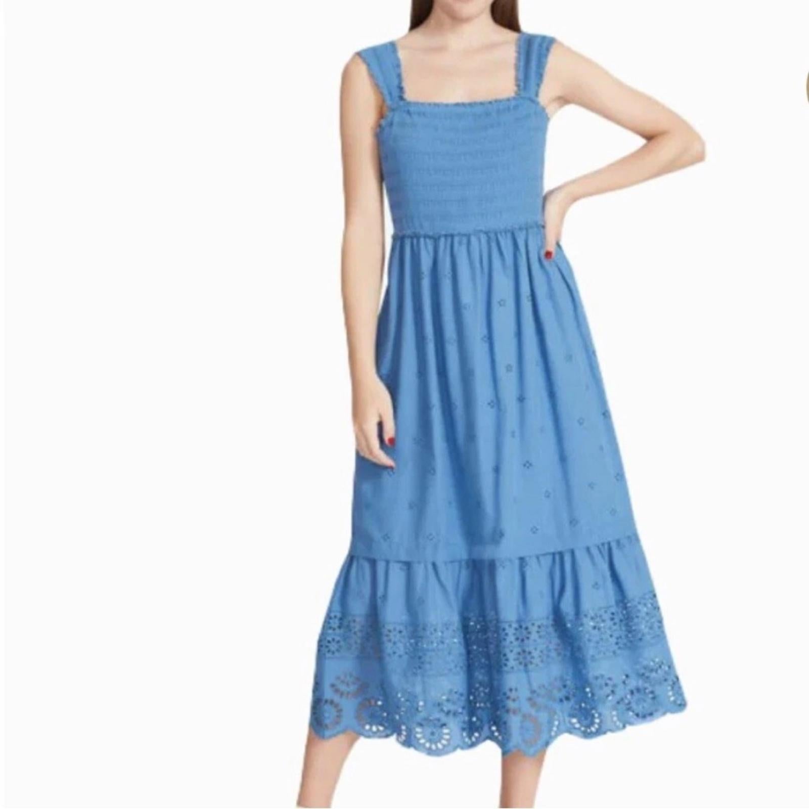 Betsey Johnson Smocked Embroidered Eyelet Midi Dress in Federal Blue, Size XL
