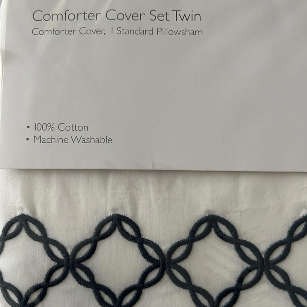 Sky NAVY Embroidered Percale Duvet Cover and Shams Set, Twin NEW w/Tag $230