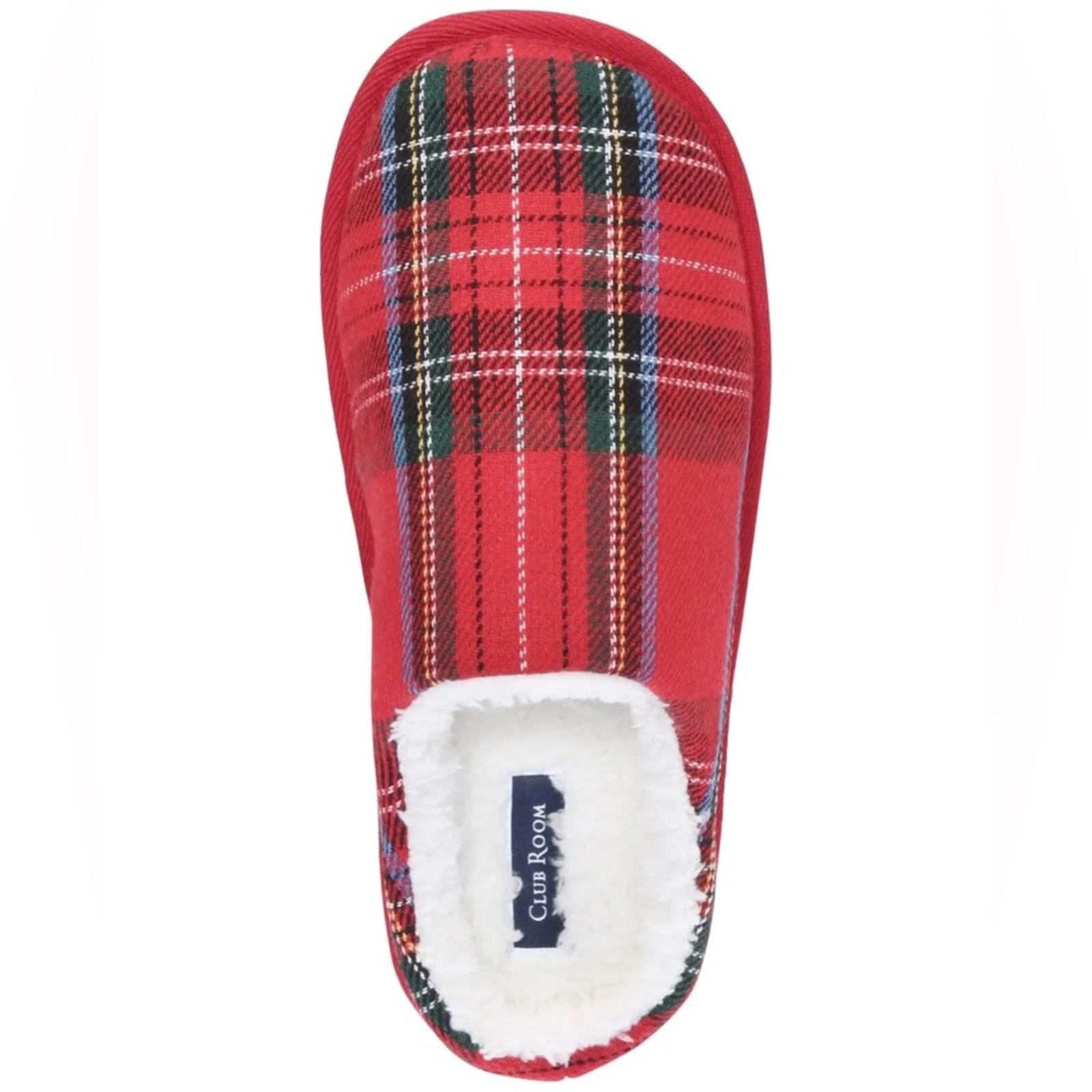 Club Room Mens Flannel Plaid Slide Slippers, (Red, Medium) Size 8-9 New in Box