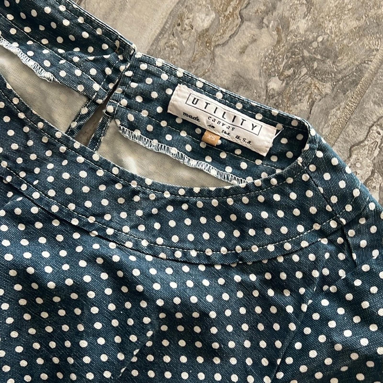 UTILITY Canvas Twill Belted Dress, Denim Blue White Polka Dot Size XS EXCELLENT!