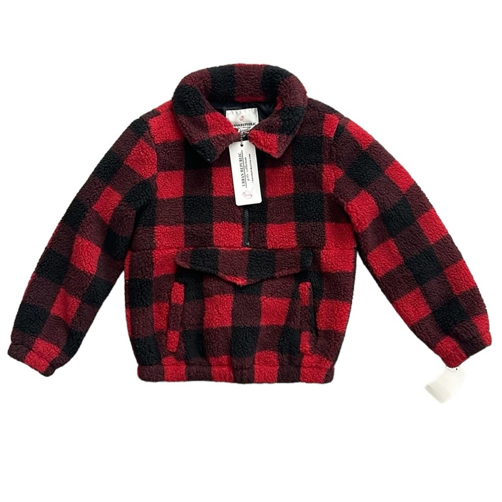 Urban Republic Half-Zip Faux Fur Jacket Girls' S(7/8) RedBlack Buffalo Check NWT