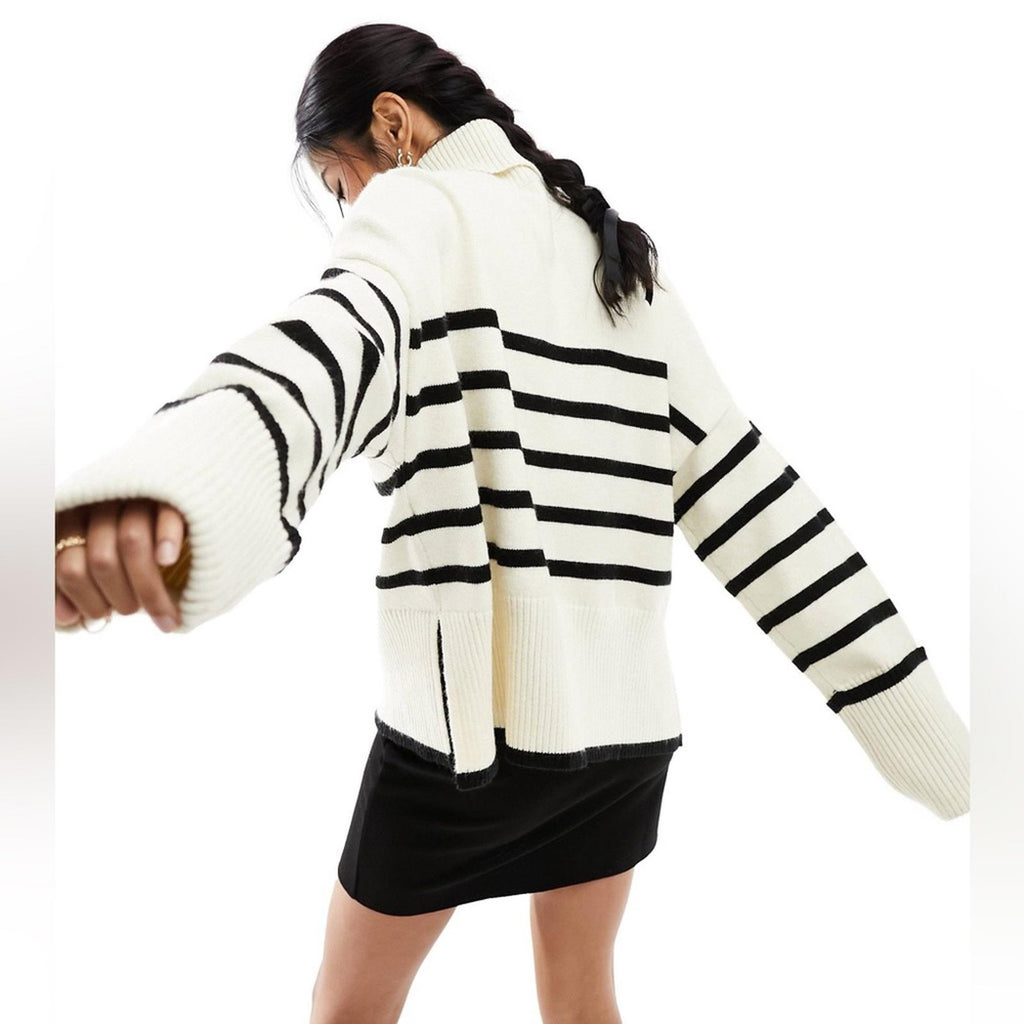 Bershka Roll Neck Sweater in Ecru & Black Stripe Sweater, Size S New w/Tag