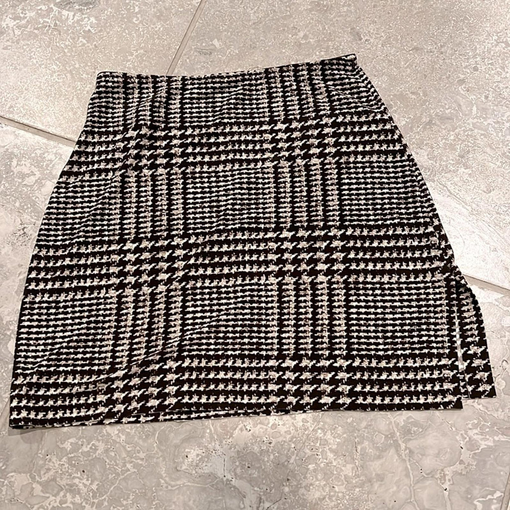 Norma Kamali Glenn Plaid Side Slit Mini Skirt in Chocolate, Size XS/29 NWT $135