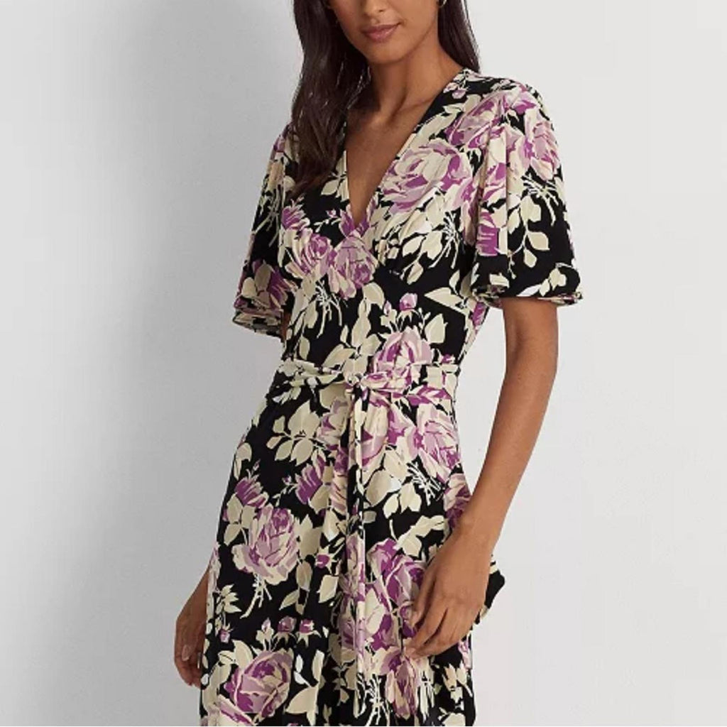 NEW Lauren Ralph Lauren Floral Belted Jersey Dress Size 16 EXCELLENT Retail $338