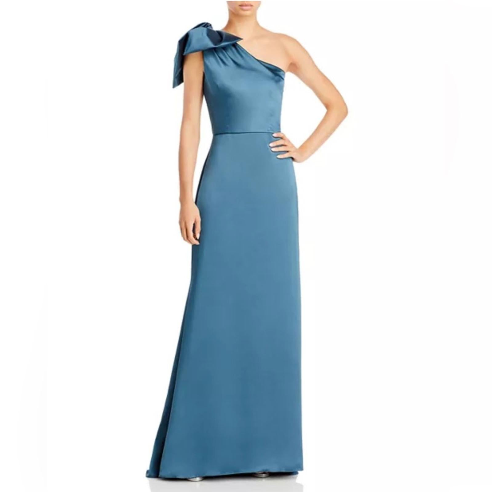 Amsale One-Shoulder Fluid Satin A-Line Gown in Petrol Green, Size 6, NEW