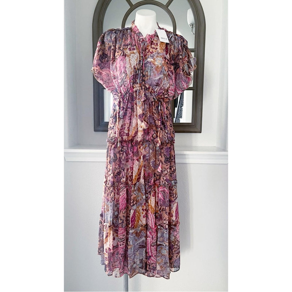 MISA Ilya Split-Neck Tiered Midi Dress, Boho Maxi Size XS New w/Tag $430