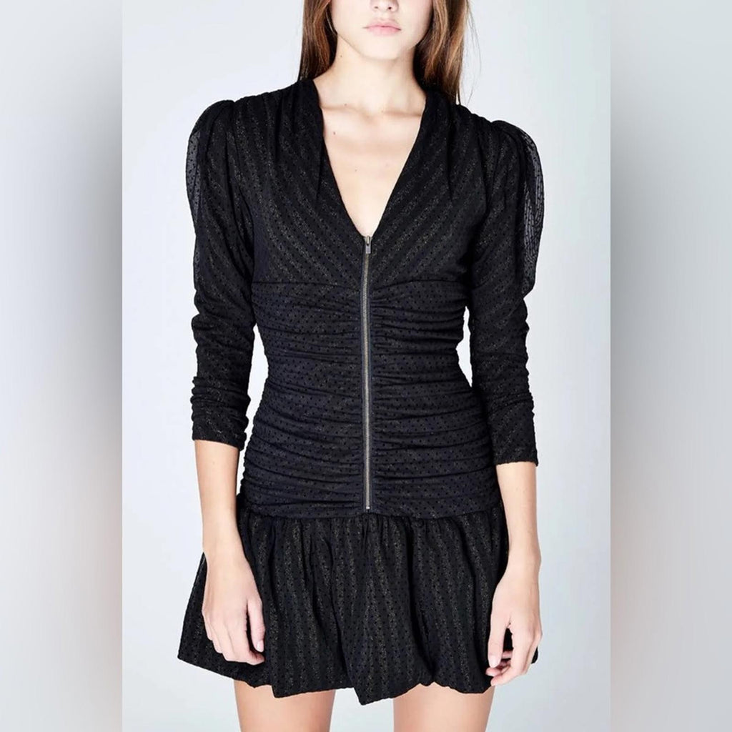 Maje Ralone Mesh Polka-Dot Metallic Flecked Striped Dress, Size 1 (S) NWT $570