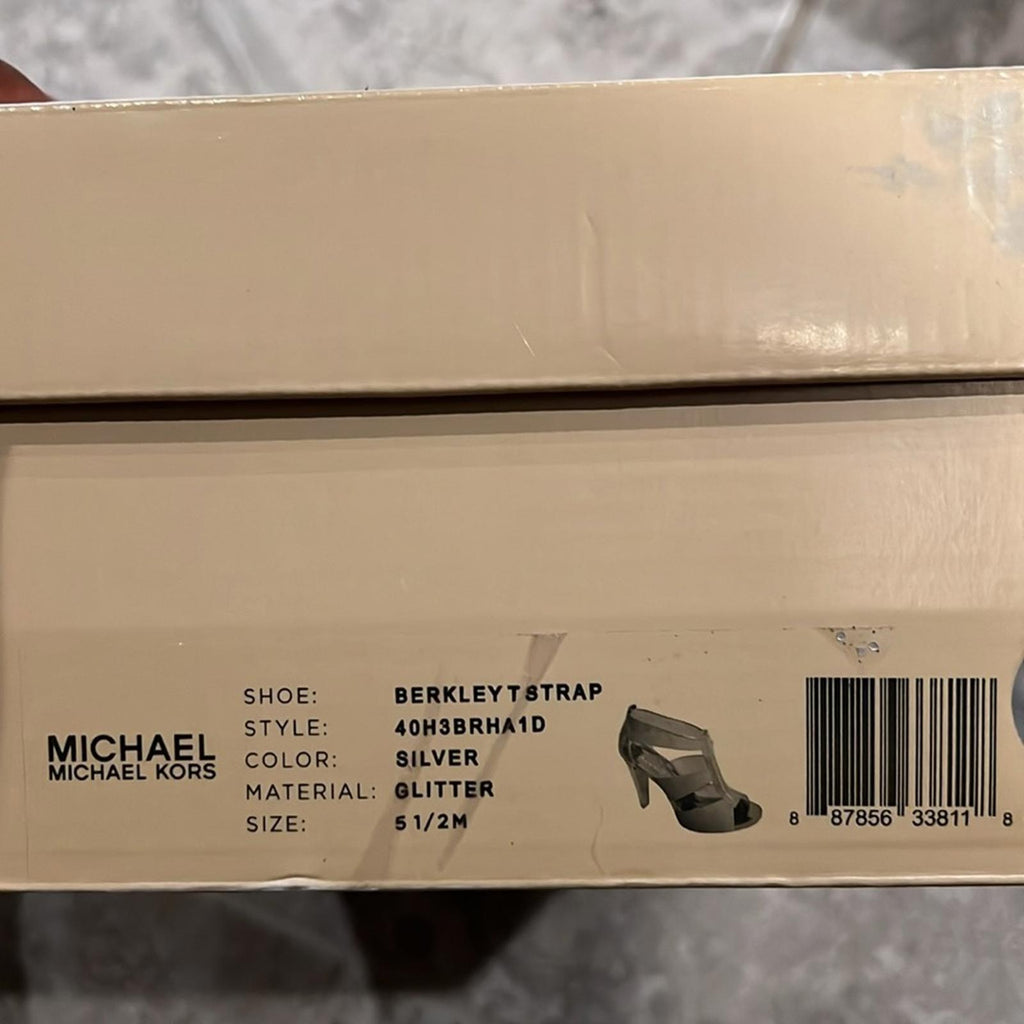 NEW Michael Kors Berkeley T-Strap Glitter Silver Heels, Size 5.5 M Retail $150