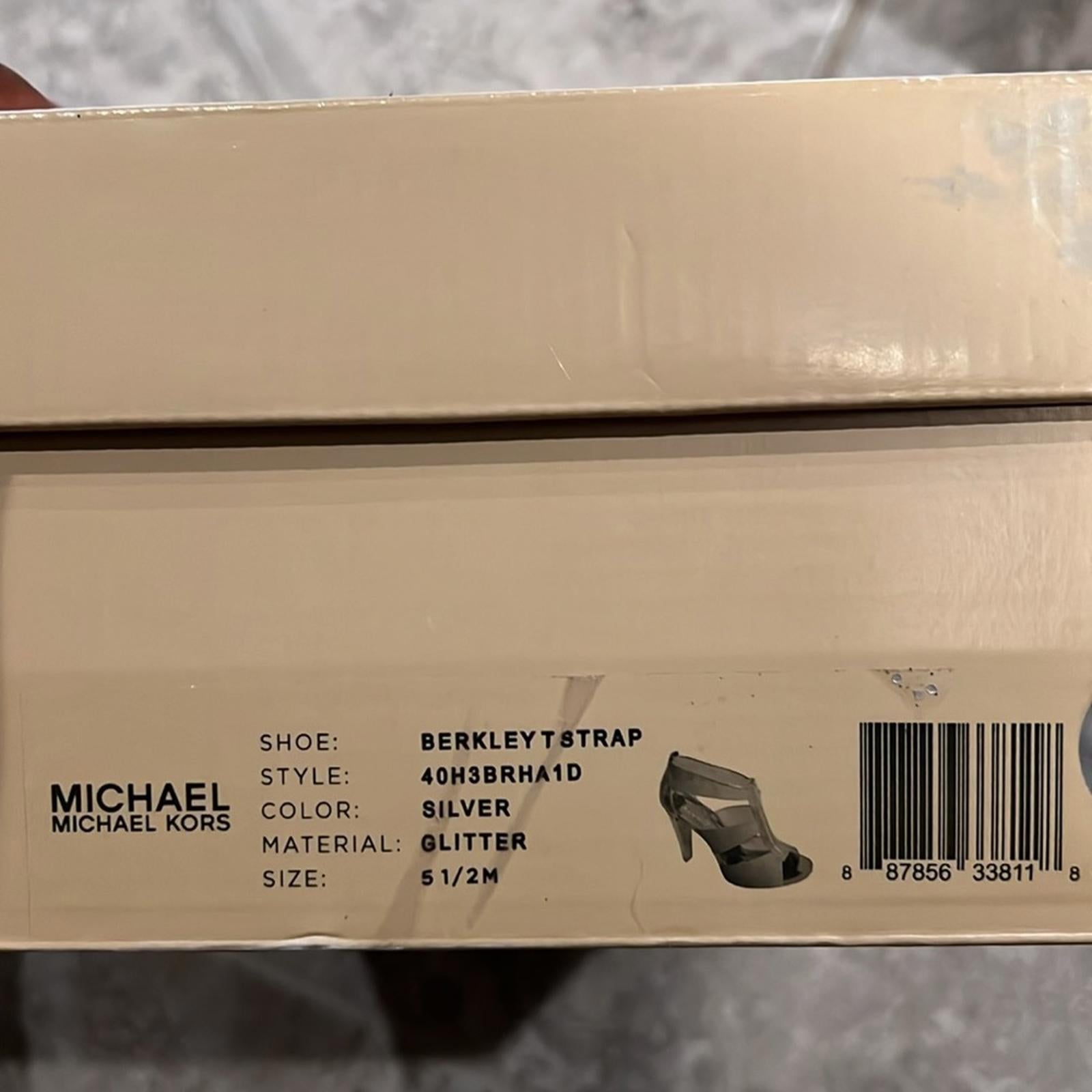 NEW Michael Kors Berkeley T-Strap Glitter Silver Heels, Size 5.5 M Retail $150