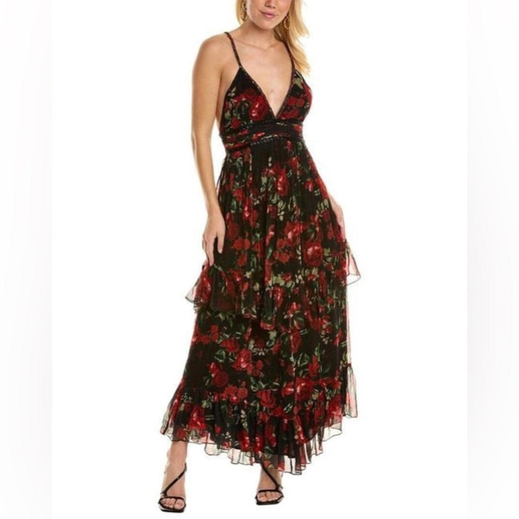 Rococo Sand Tiered Maxi Dress in Black/Red Roses, NWT, Size XS Retail $478