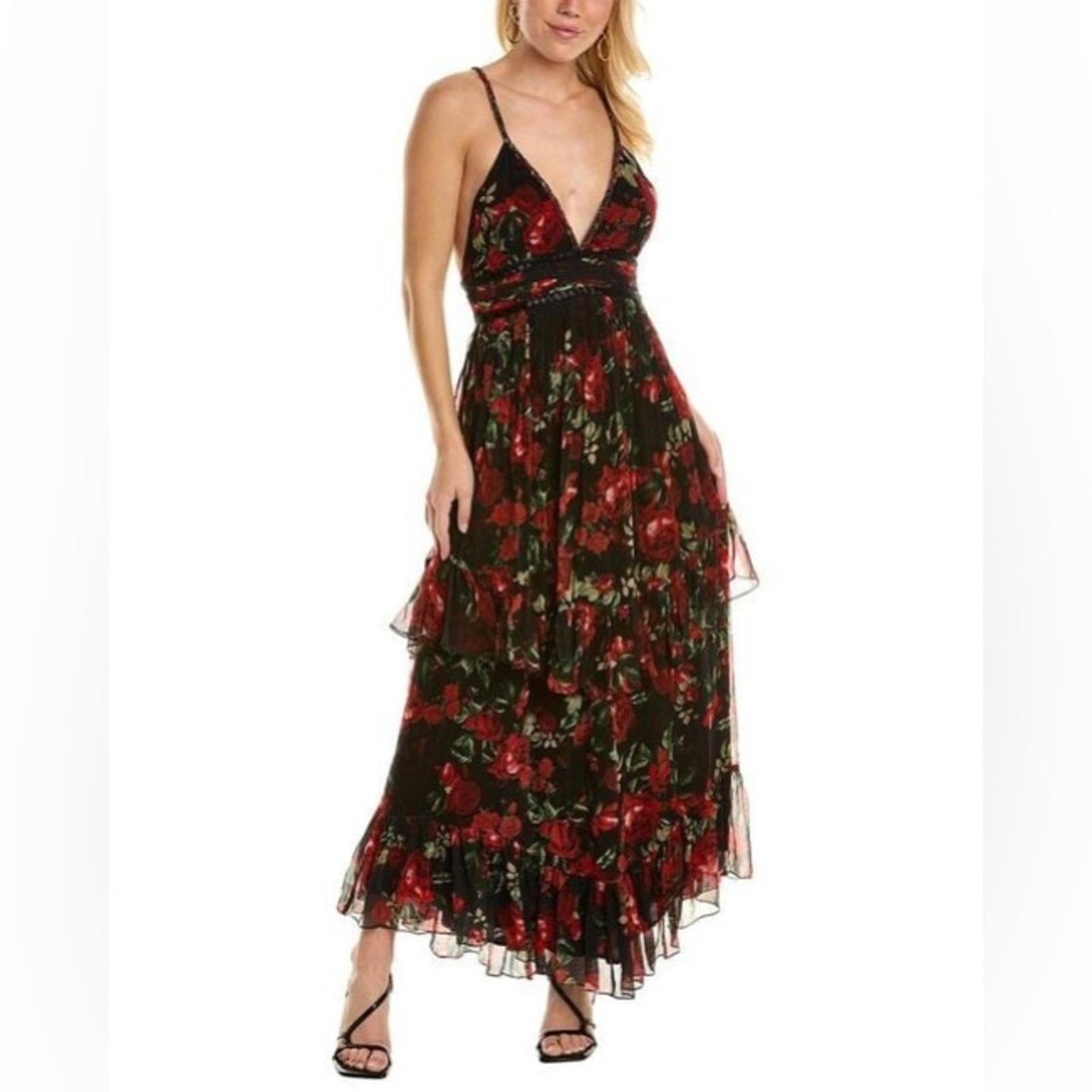 Rococo Sand Tiered Maxi Dress in Black/Red Roses, NWT, Size XS Retail $478