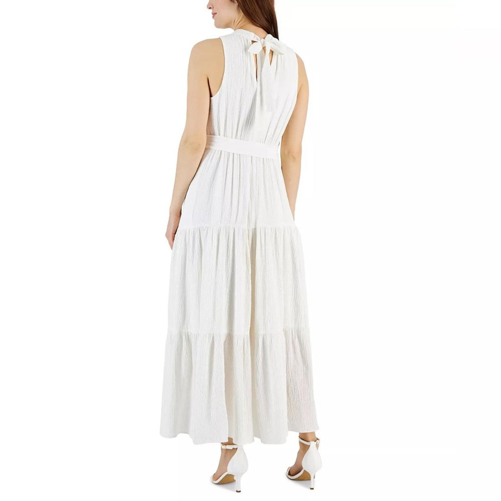 Anne Klein Tie-Neck Tiered Sleeveless Maxi Dress, Size 12 Bright White New w/Tag