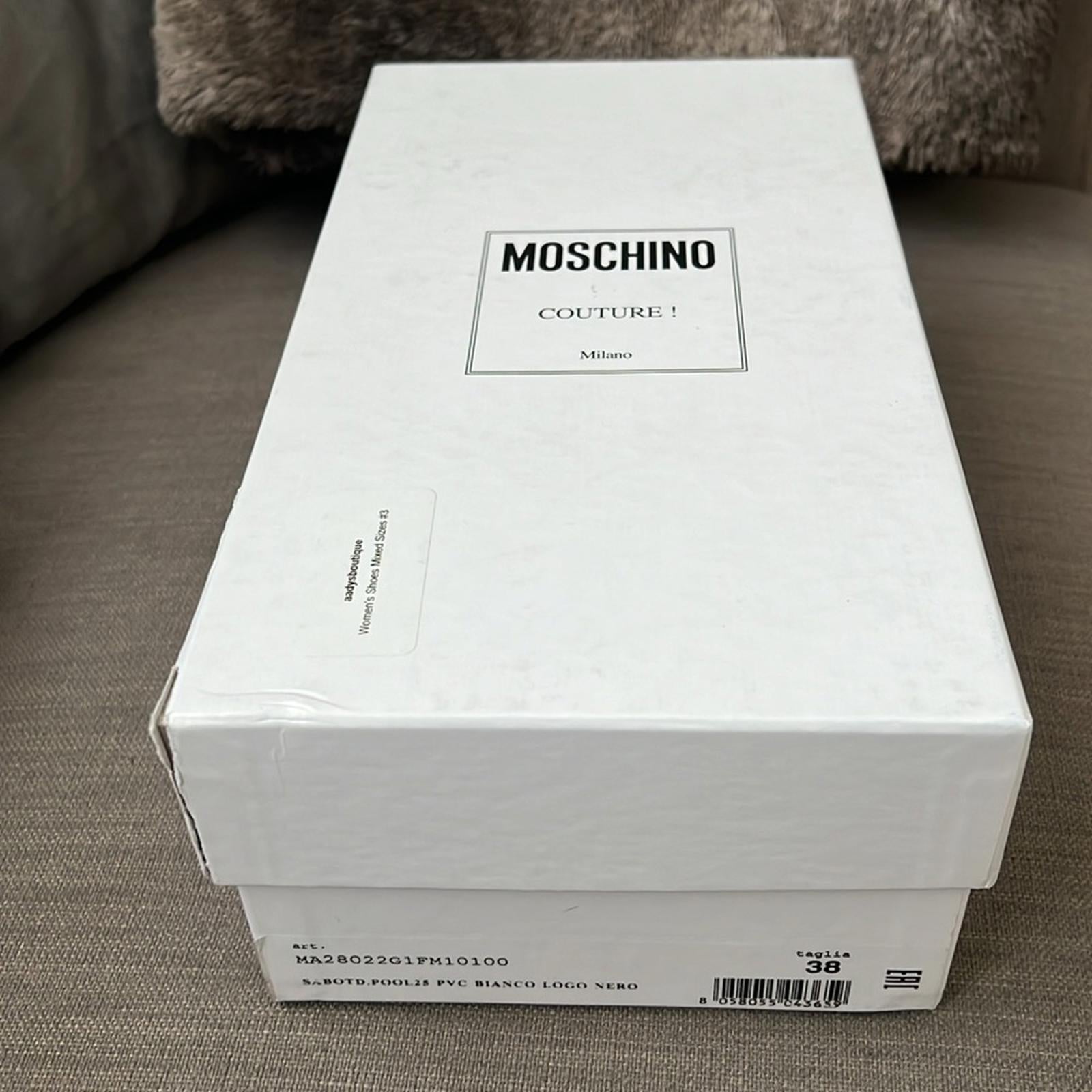 MOSCHINO Logo Slide Sandals in White, Size 38 New in Box