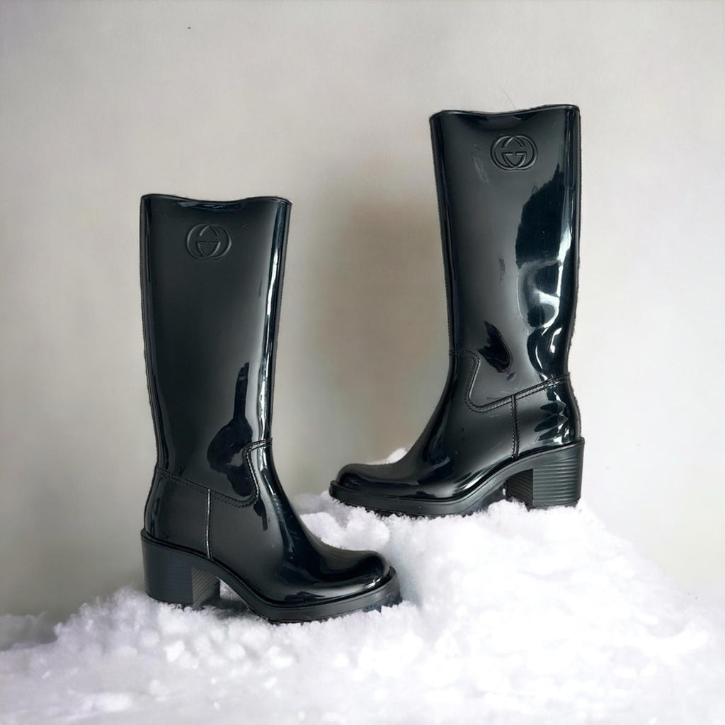 GUCCI Interlocking G Rubber Mid-Calf Rain Boots, Black Size 37 EXCELLENT!