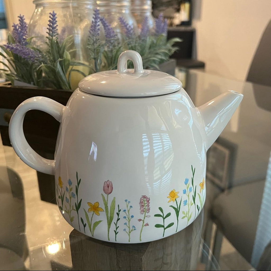 Rae Dunn Mom’s Tea Kettle Floral Detail, NEW, Serveware