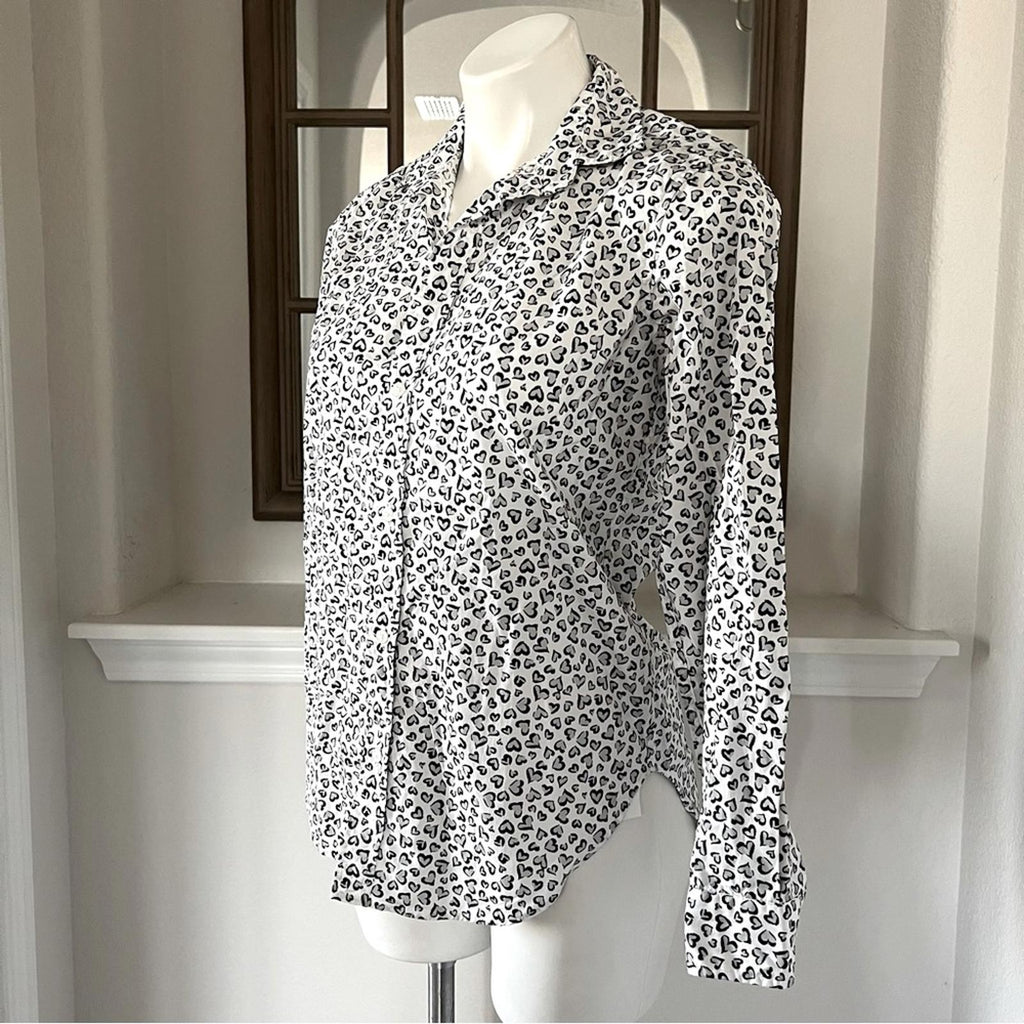 Frank & Eileen Shirt Heart Print Woven Button Up, White Grey Black Size XS NWT