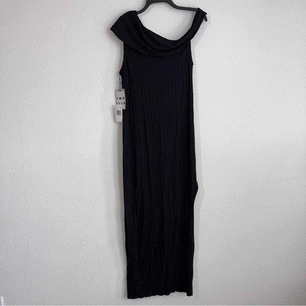 Simon Miller Asymmetric Wide Rib Maxi Dress in Black, Size L New w/Tag