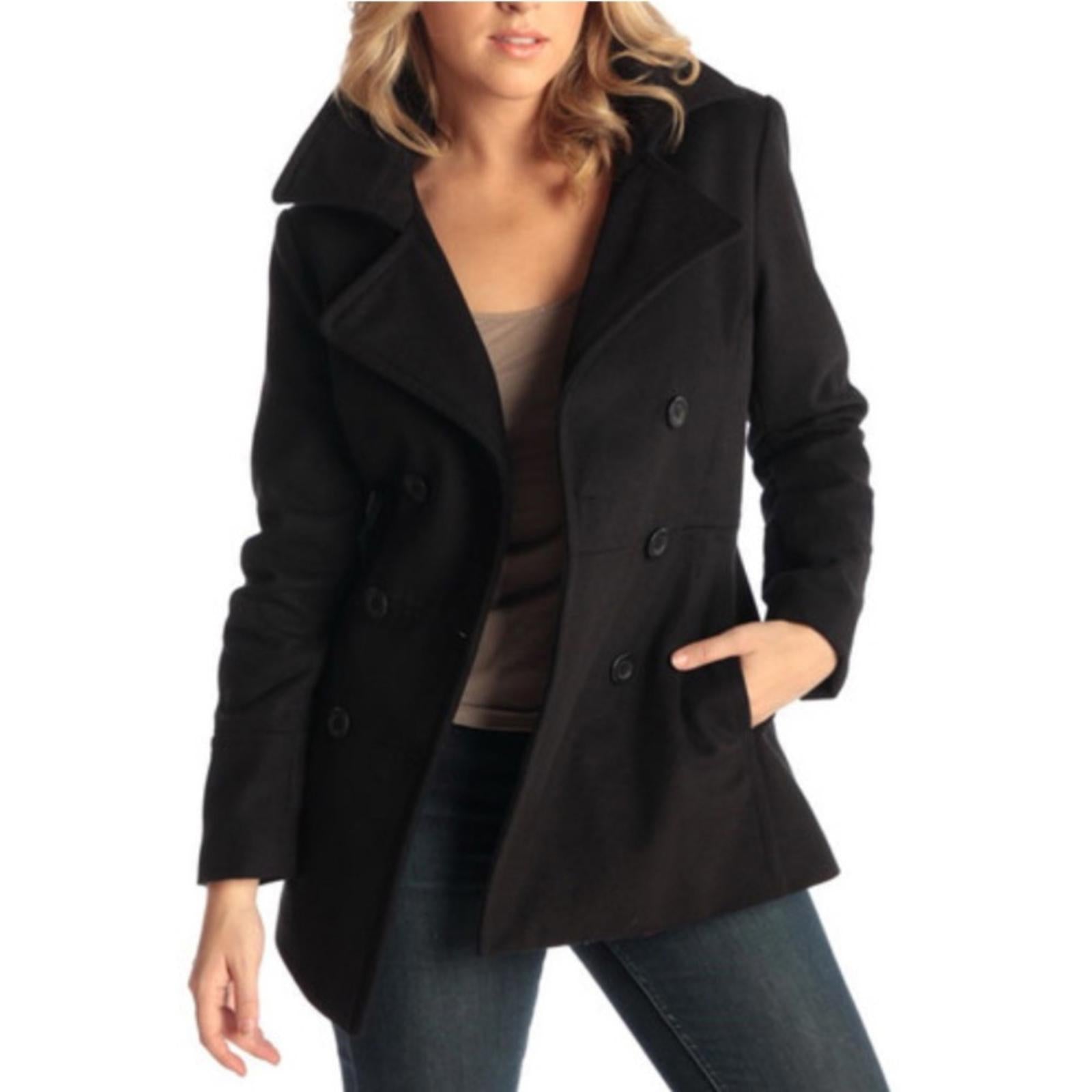 Alpine Swiss Emma Peacoat Double-Breasted Wool Coat in BLACK, Size XL NWT $165