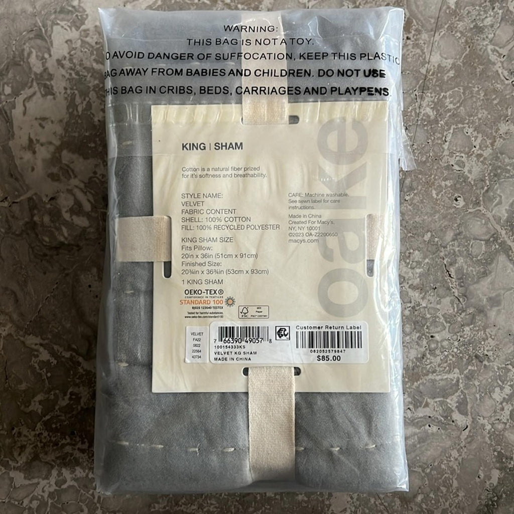 Oake Velvet King Sham in Grey, NEW $85