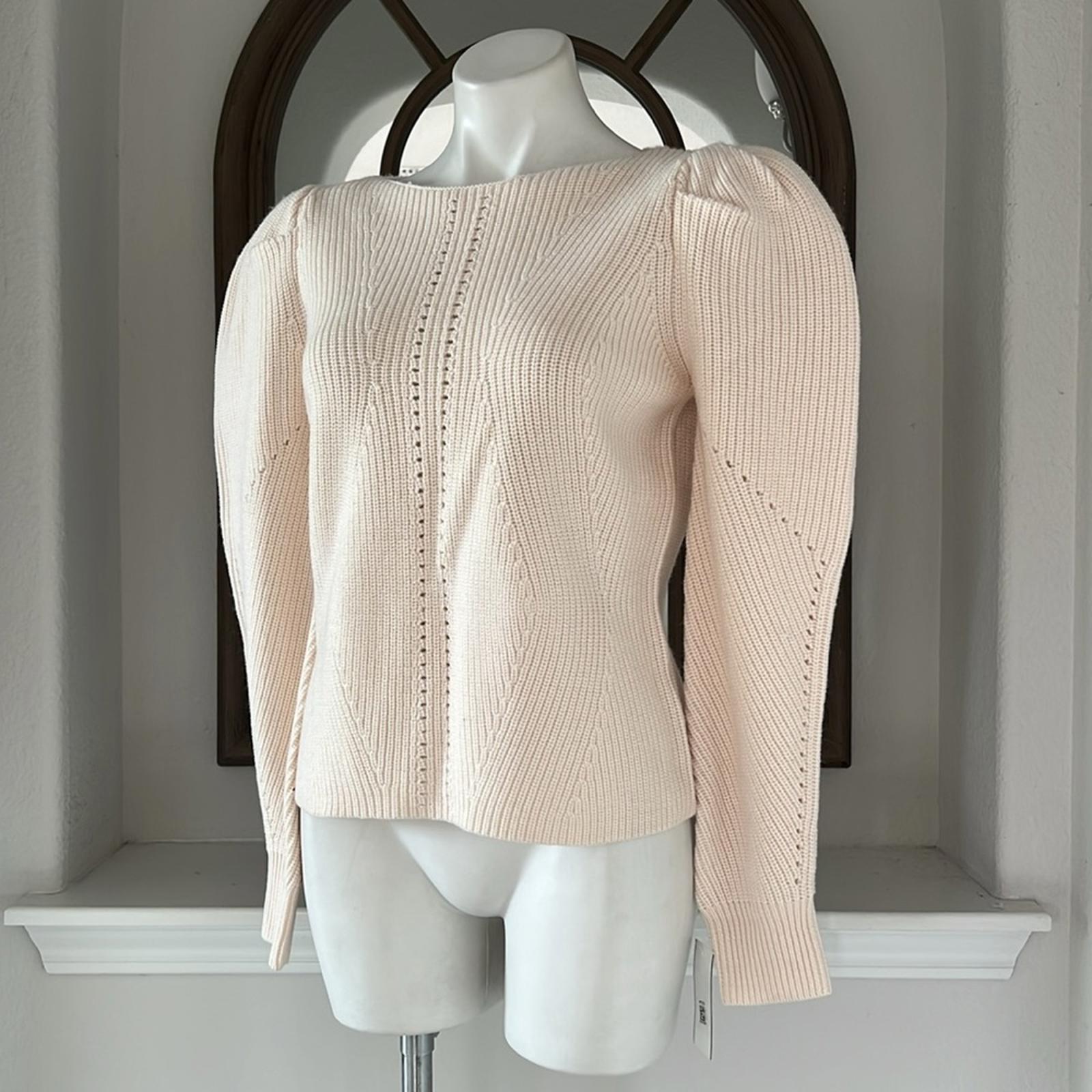 Trina Turk Dalhart Mixed-Stitch Puff-Shoulder Sweater in Ecru, Size L New w/Tag
