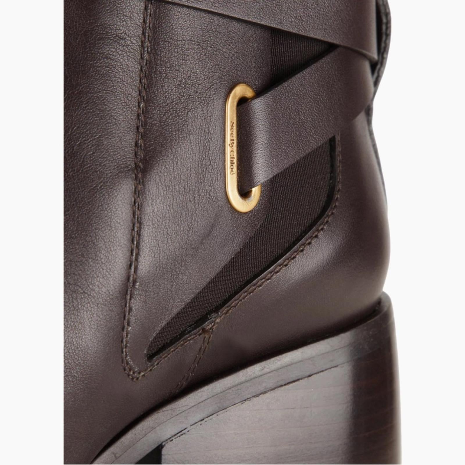 See by Chloé Dark Brown Calf Averi Block Heel Leather Bootie, Size 41 w/DustBag