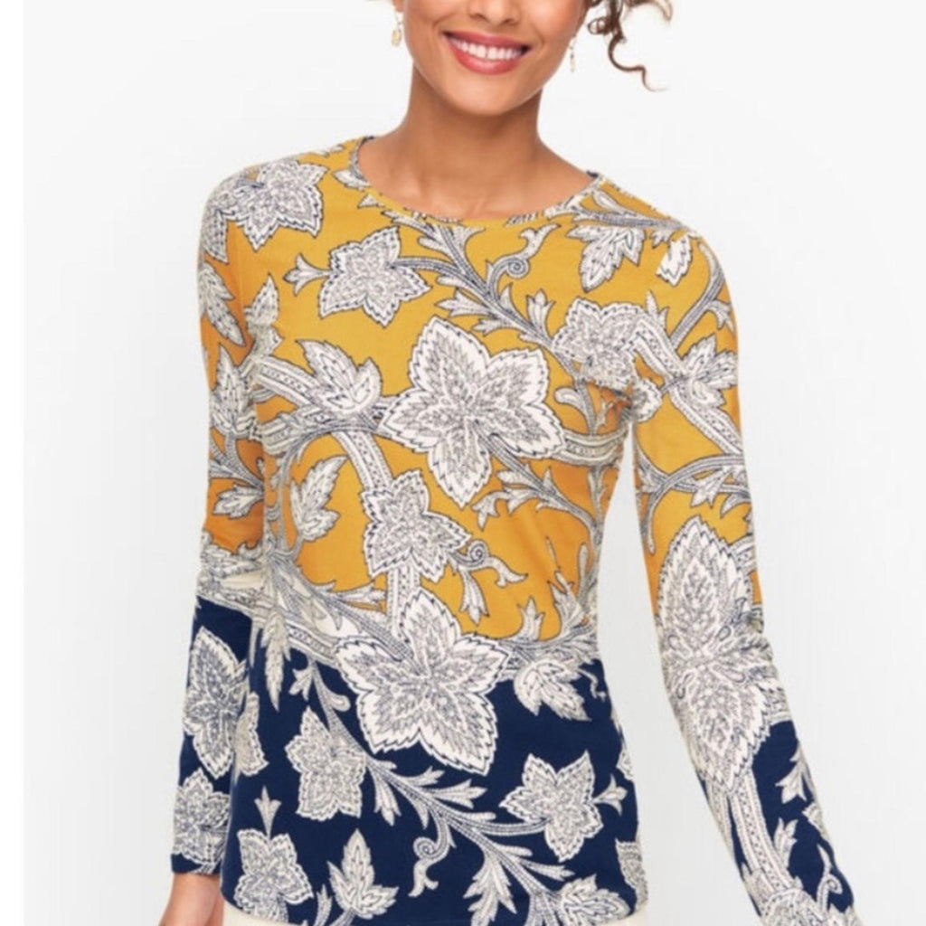 The Talbots Tee Pima Crewneck Tee, Paisley Floral, Yellow Blue Size S EXCELLENT!
